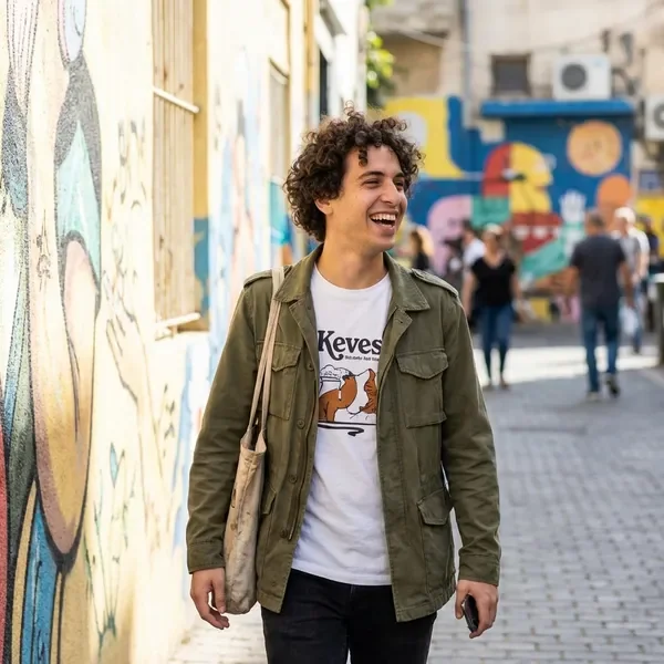 צעיר ישראלי לובש ביגוד Keves ברחוב תל אביבי עם רקע גרפיטי צבעוני